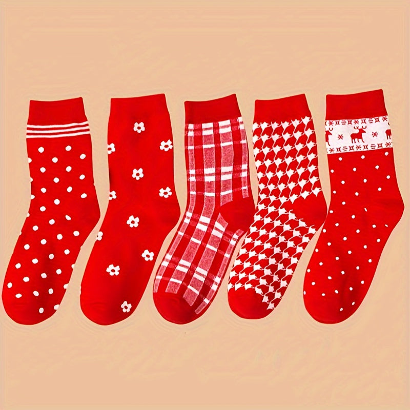 5 Pairs Floral & Polka Dot Socks Soft Mid Tube Women's Stockings