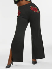 Plus Rose Applique High Waist Straight Leg Pants