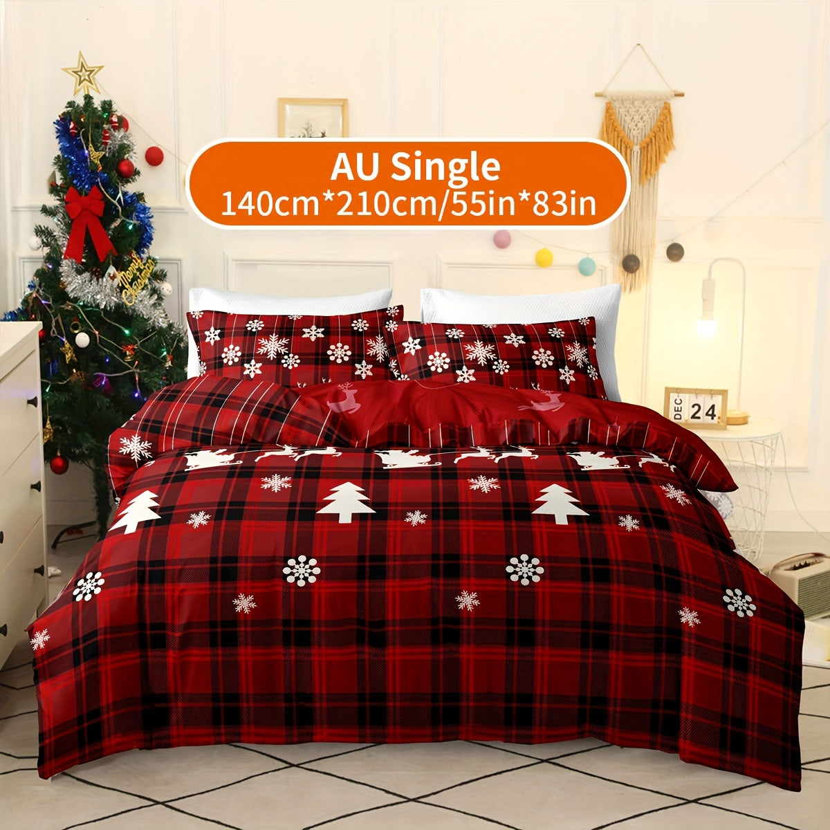 Christmas Themed Duvet Cover Set Checkered Elk Snowflake Print Soft & Breathable