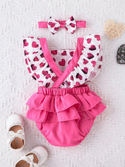 Newborn Infant Heart Print Romper & Bow Headband Set For Baby Girls