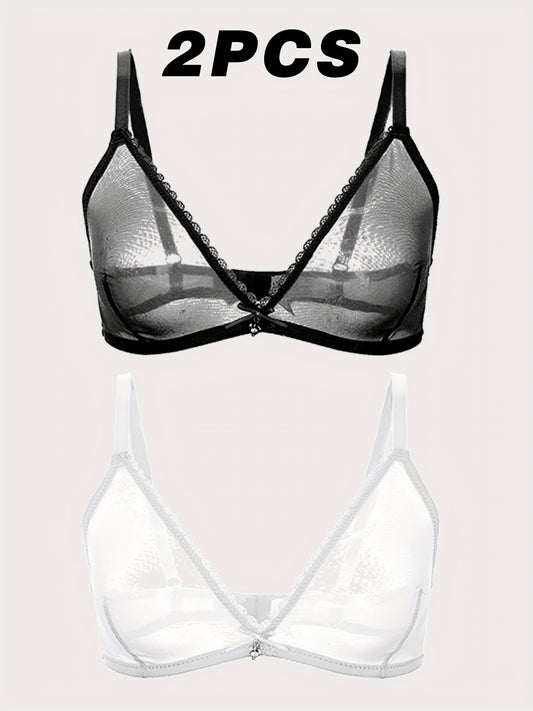 2pcs Lace Mesh Wireless Bras Unlined Bra