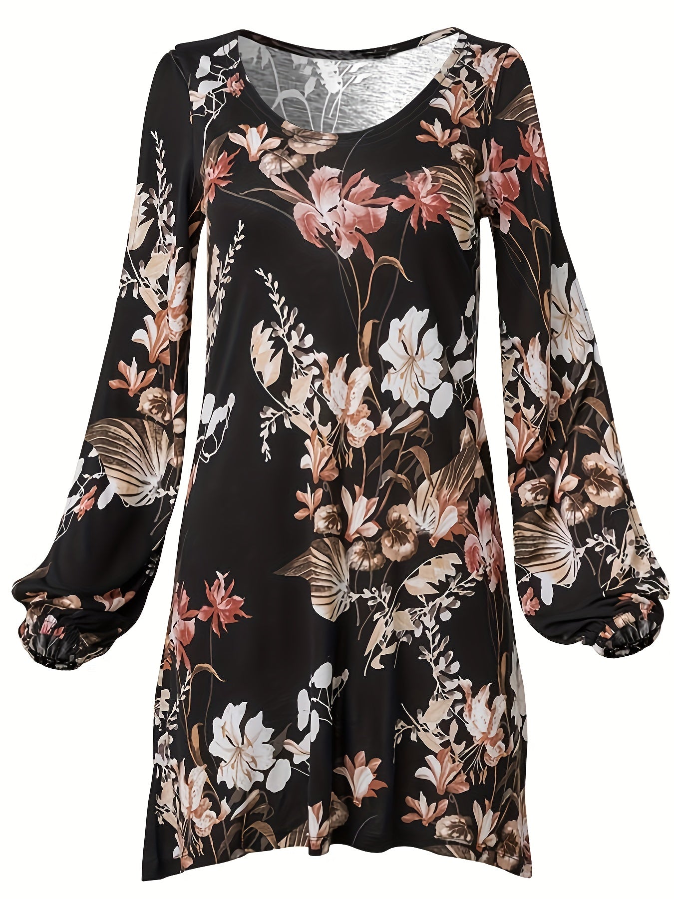  Floral Print Cut Out Lantern Sleeve Round Neck Stretch Dress