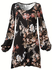  Floral Print Cut Out Lantern Sleeve Round Neck Stretch Dress
