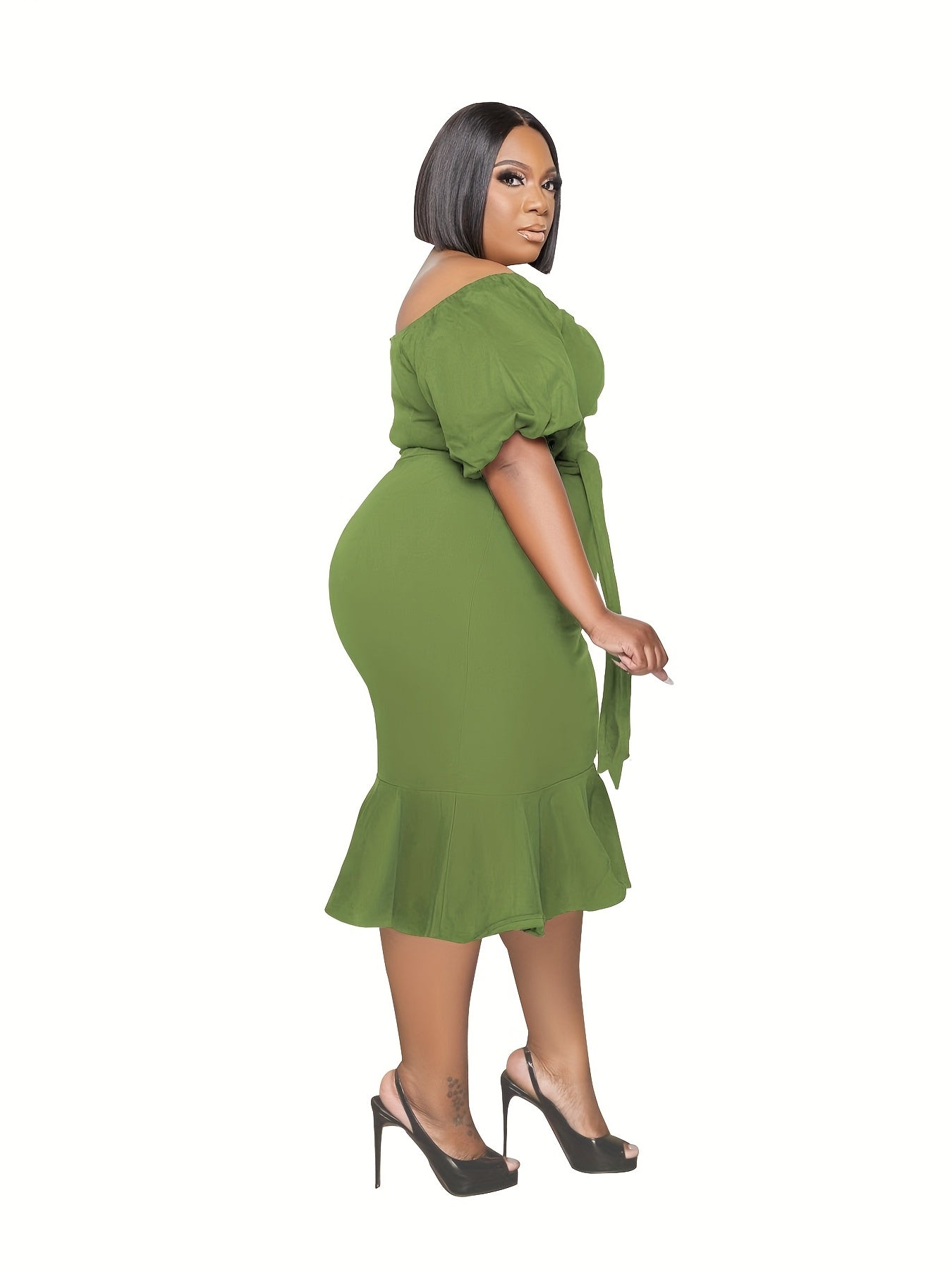  Solid Off Shoulder Bubble Sleeve Dress