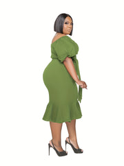  Solid Off Shoulder Bubble Sleeve Dress