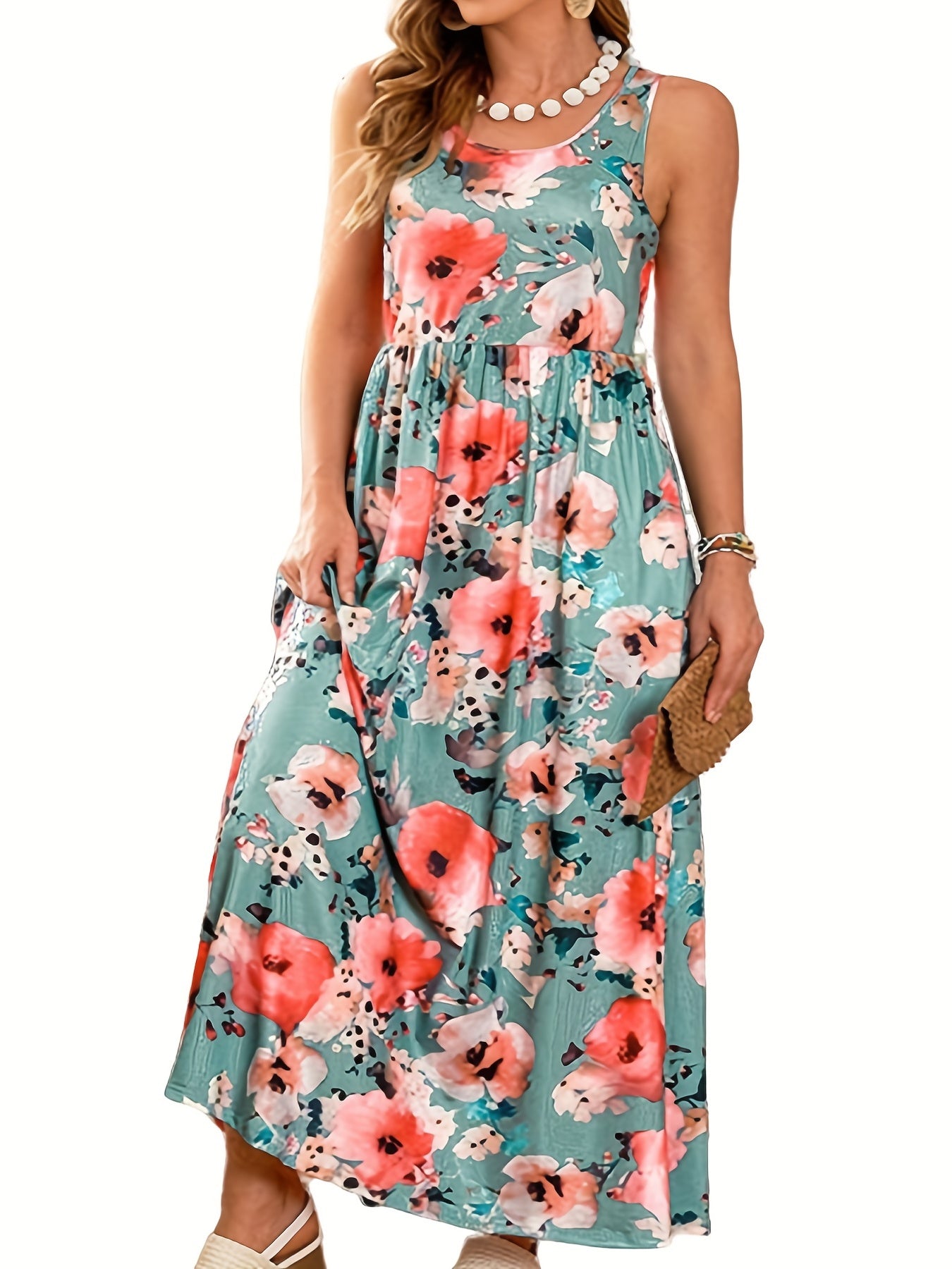 Plus Floral Print Round Neck Medium Stretch Ruched Tank Dress