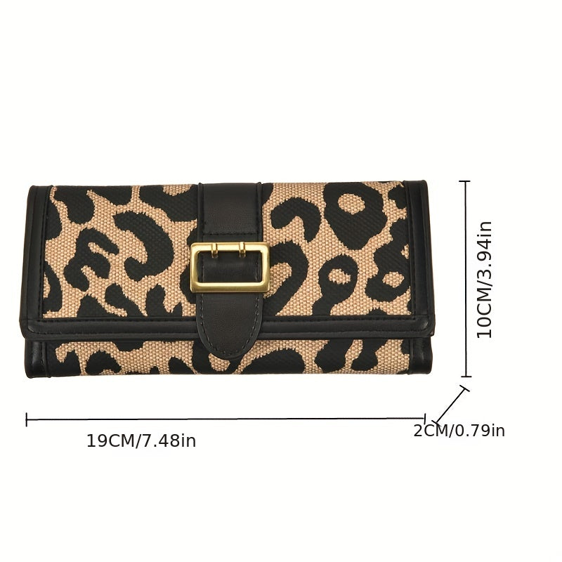 Leopard Pattern Long Purse Trifold Clutch Vintage Buckle Wallet