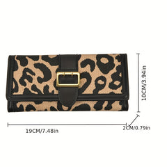 Leopard Pattern Long Purse Trifold Clutch Vintage Buckle Wallet