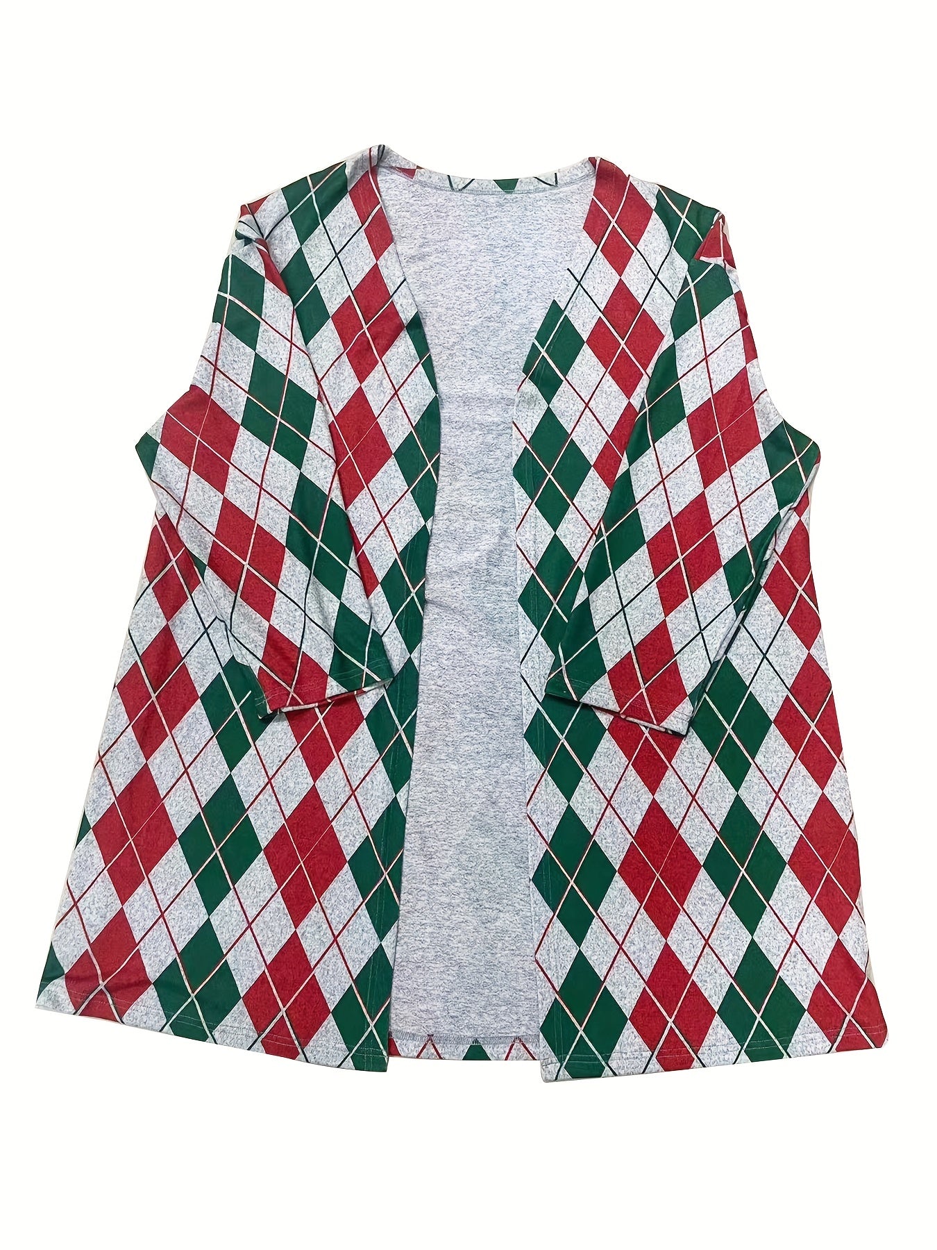  Open Front Argyle Print Cardigan with Pockets