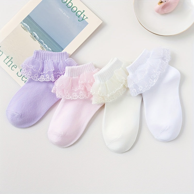 Girls Ruffle Lace Trim Ankle Cotton Socks, 4 Pairs