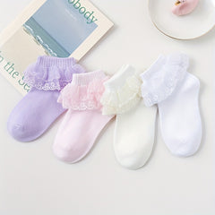Girls Ruffle Lace Trim Ankle Cotton Socks, 4 Pairs