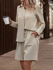 Solid Button Down Pantsuit Casual Two Piece Set