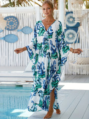  Leopard Print Cover Up Dress Bat Sleeve V Neck