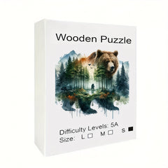 Enchanted Forest Bear Wooden Jigsaw Puzzle Animal Shaped Challenging for Adults