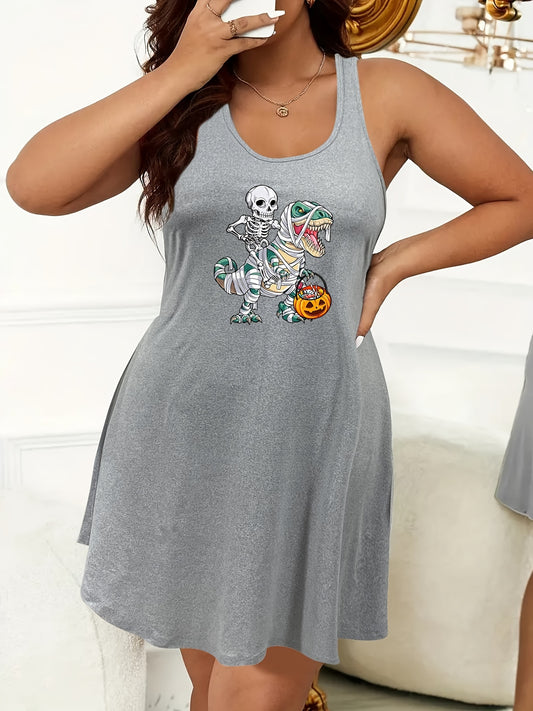  Halloween Nightdress Women's Skull & Pumpkin Print Tank Sleep Dress