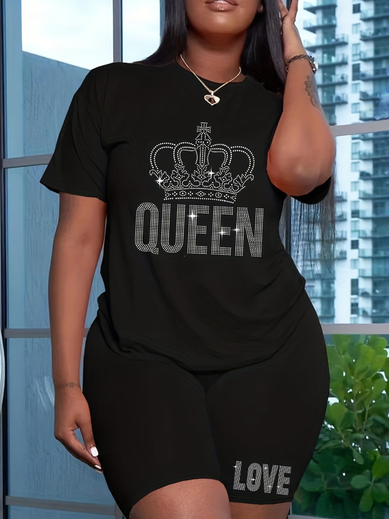 Women's Plus Rhinestone Crown & Letter Tee & Shorts Set