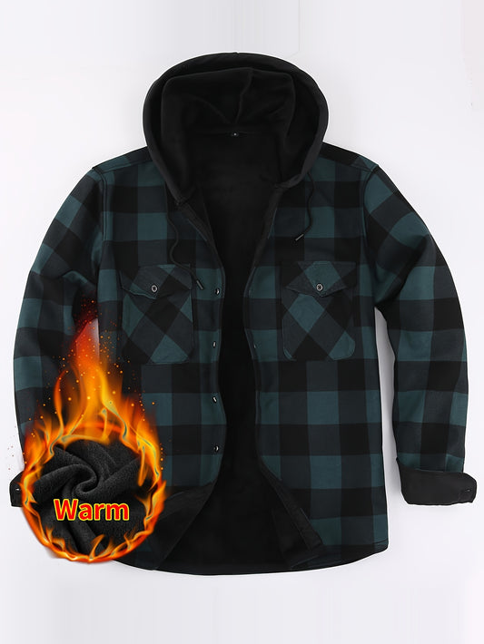 Men's Fleece Plaid Hooded Long Sleeve Shirt Jacket Autumn Winter