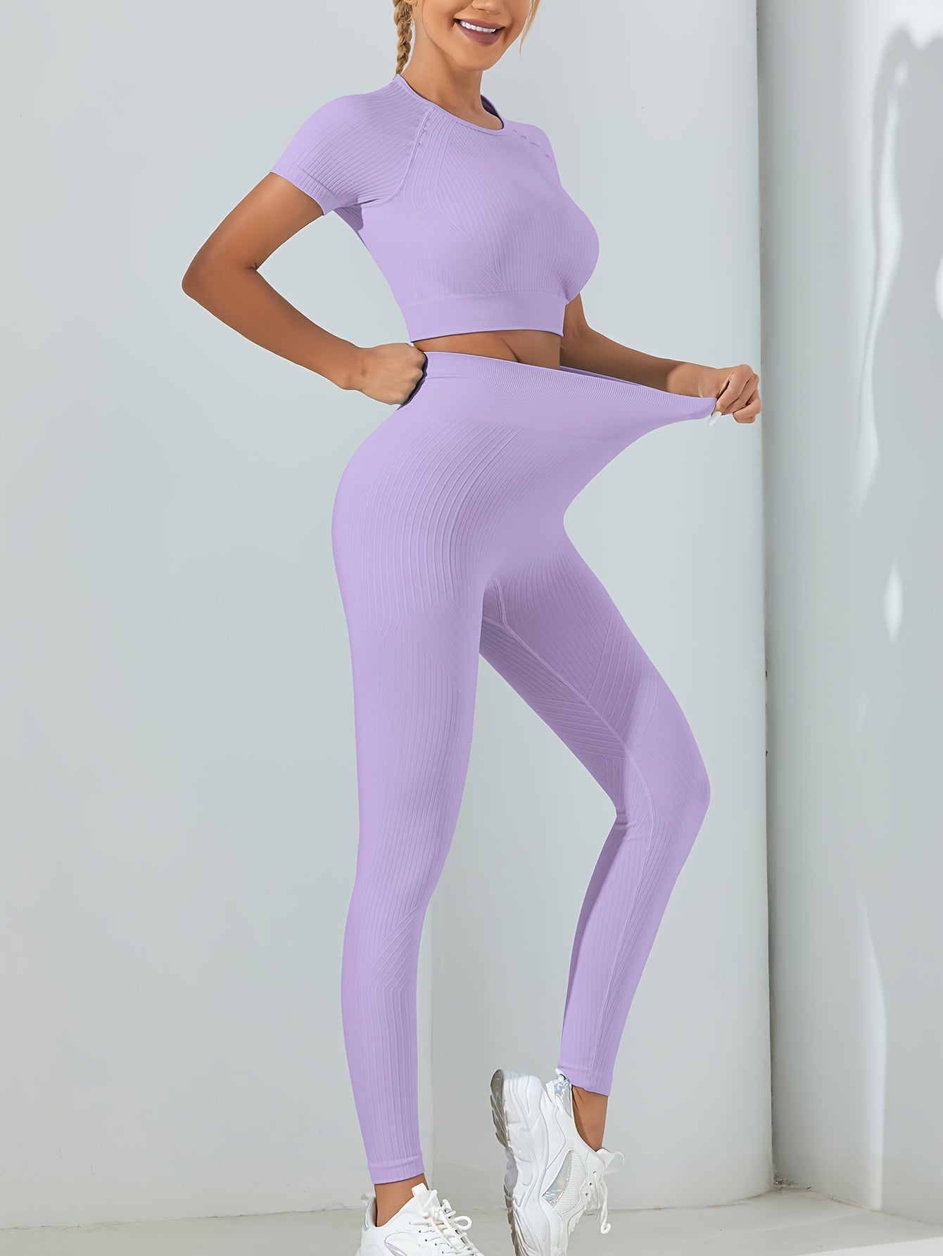 Solid Workout Set Crop Top & Leggings Women's Activewear