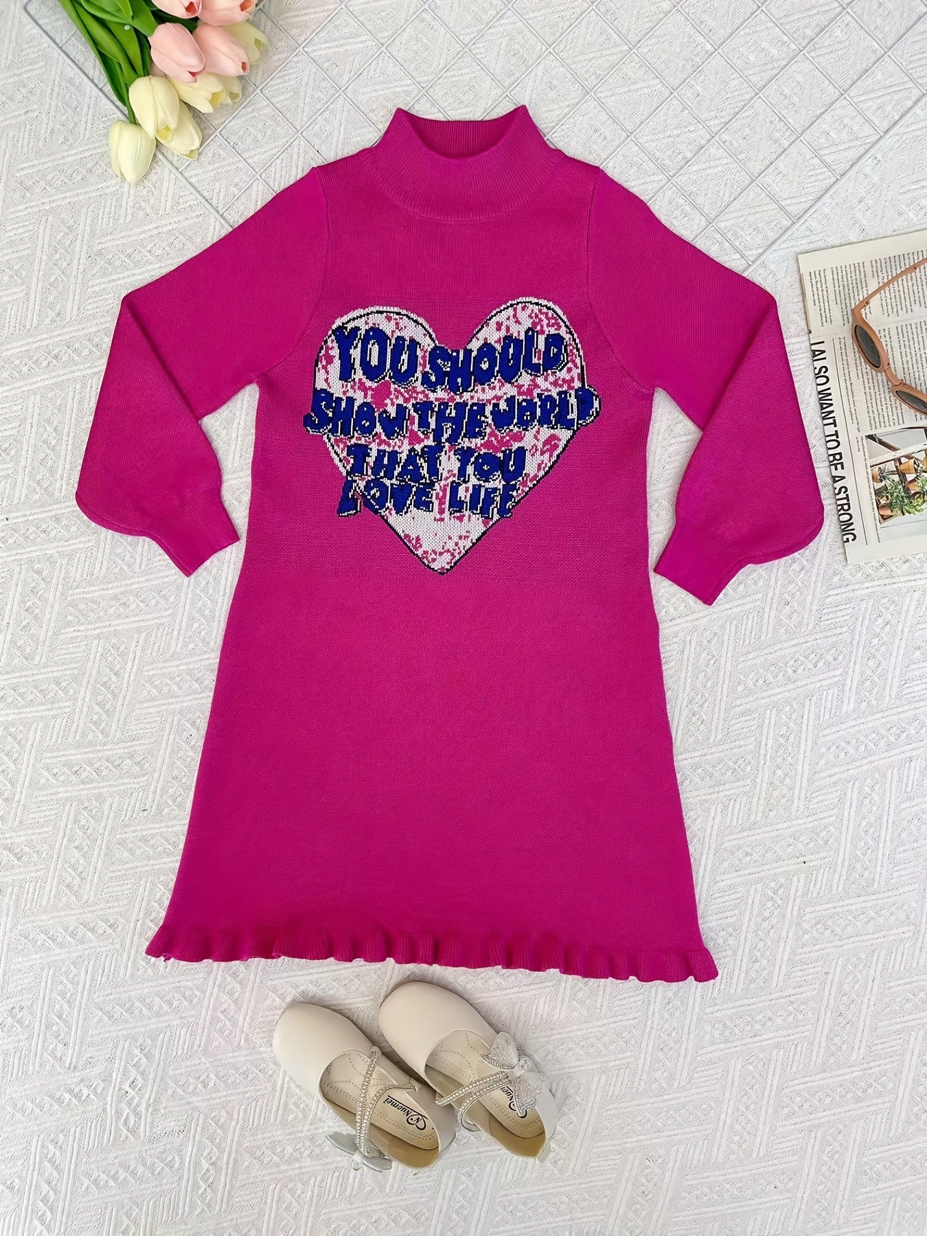 Girls Knitted Heart Jacquard Sweater Dress for Autumn and Winter