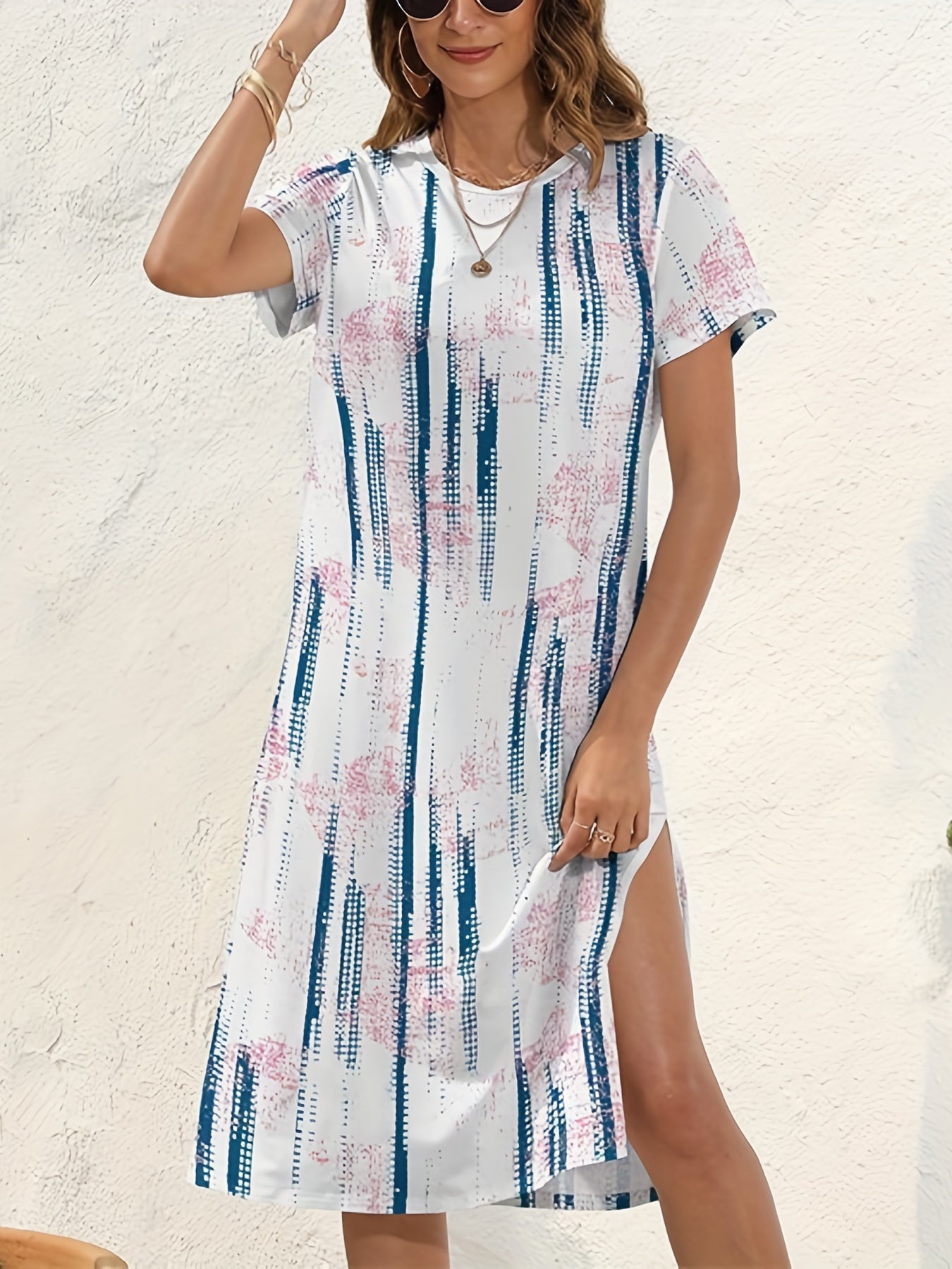  Tie Dye & Stripe Print Split Dress