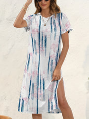  Tie Dye & Stripe Print Split Dress