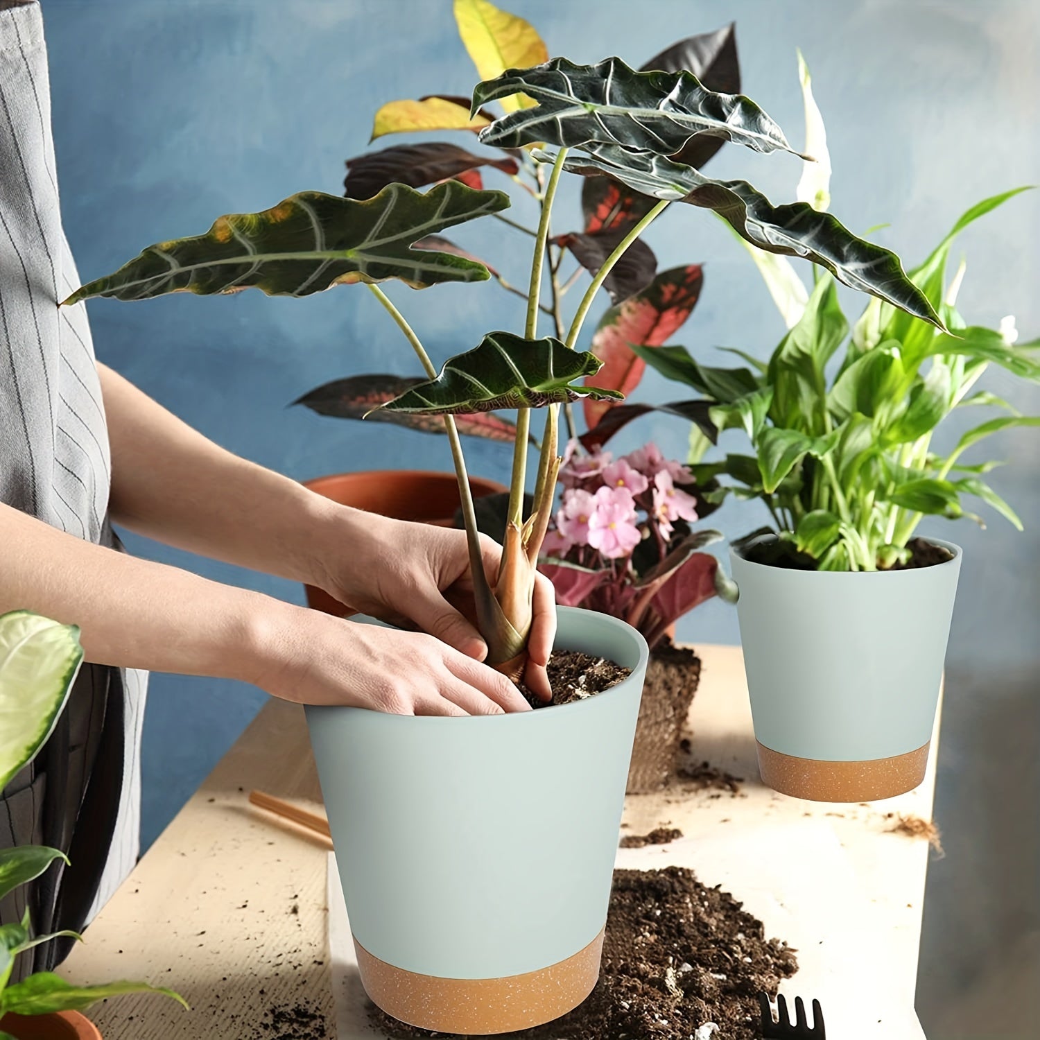 Green Self-Watering Plant Pots Plastic Planters Deep Reservoir