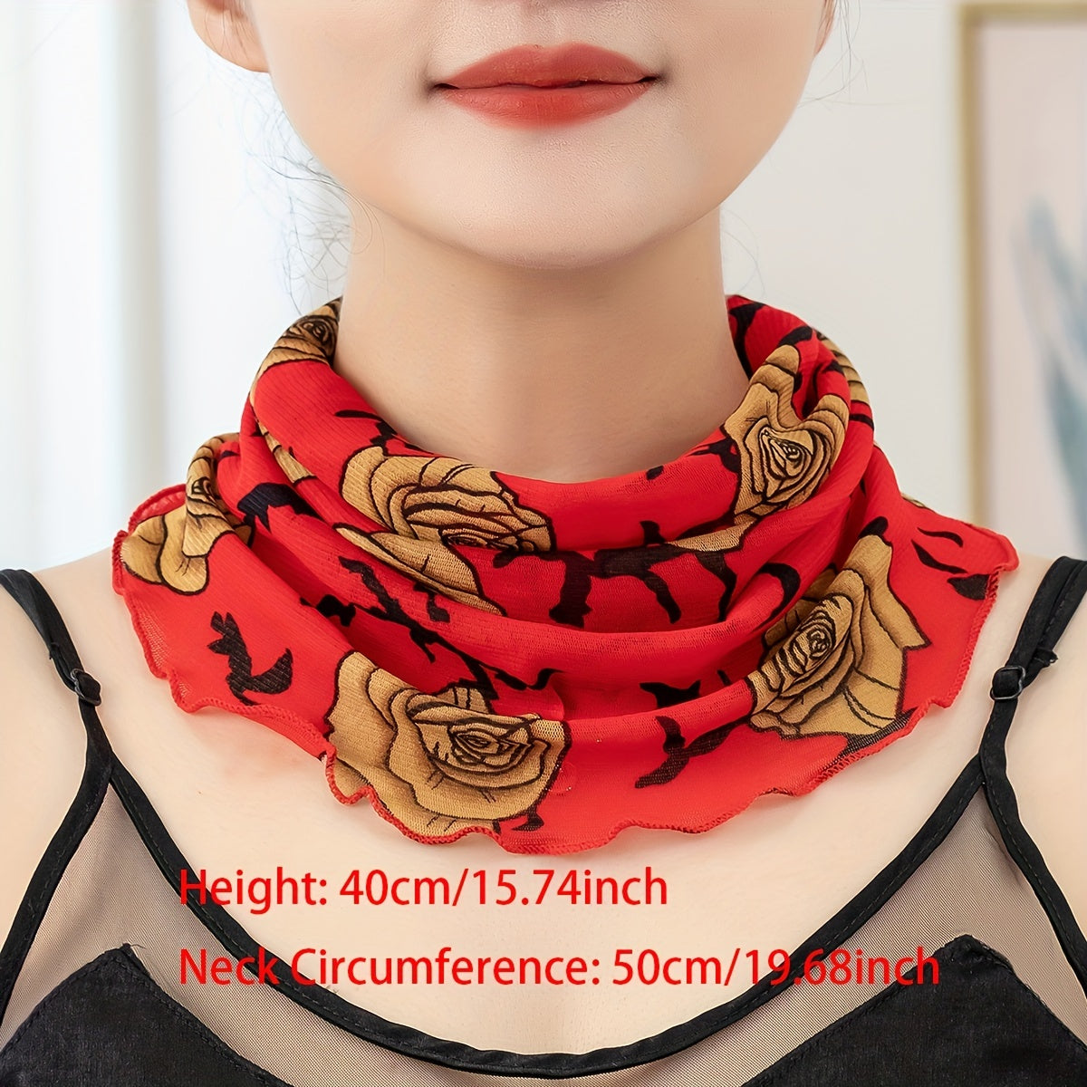 Classic Rose Print Scarf Red Ruffles Thin Breathable Gauze Neck Gaiter