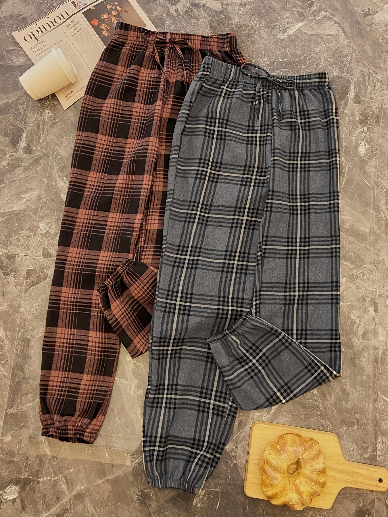 2pcs Plaid Sleep Bottoms Elastic Waistband Pants Women's Sleepwear