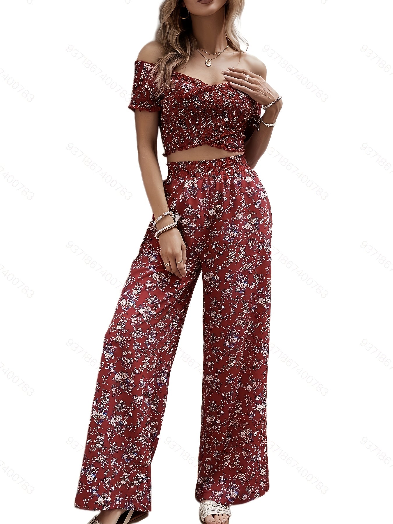 Floral Print Off Shoulder Crop Top & High Waist Set