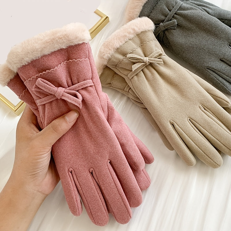 Women's Warm Gloves Outdoor Riding Driving Bow Plus Fleece Mittens