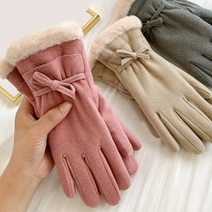Women's Warm Gloves Outdoor Riding Driving Bow Plus Fleece Mittens