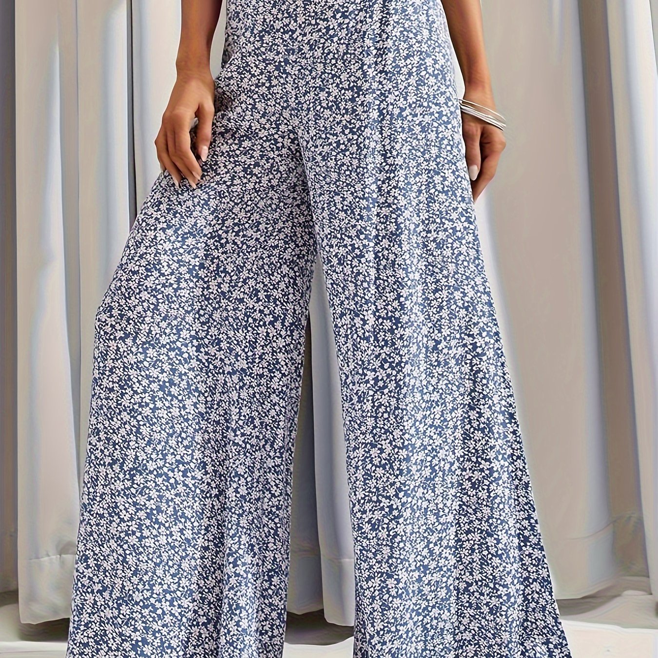  Boho Pants Women's Plus Floral Print Wide Leg Pants