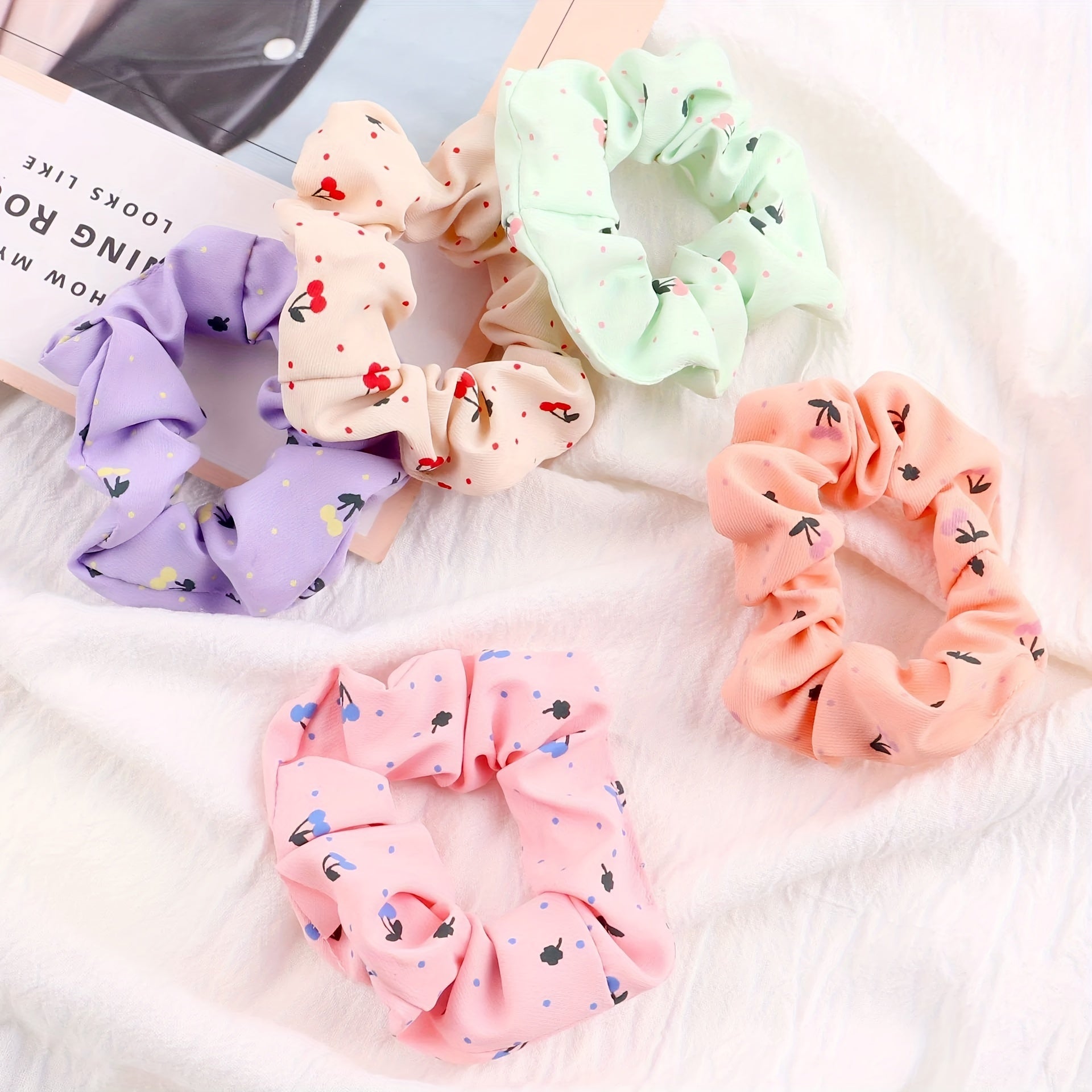 Cartoon Cherry Print Scrunchies Hair Tie Sweet Hair Rope Ponytail Holder