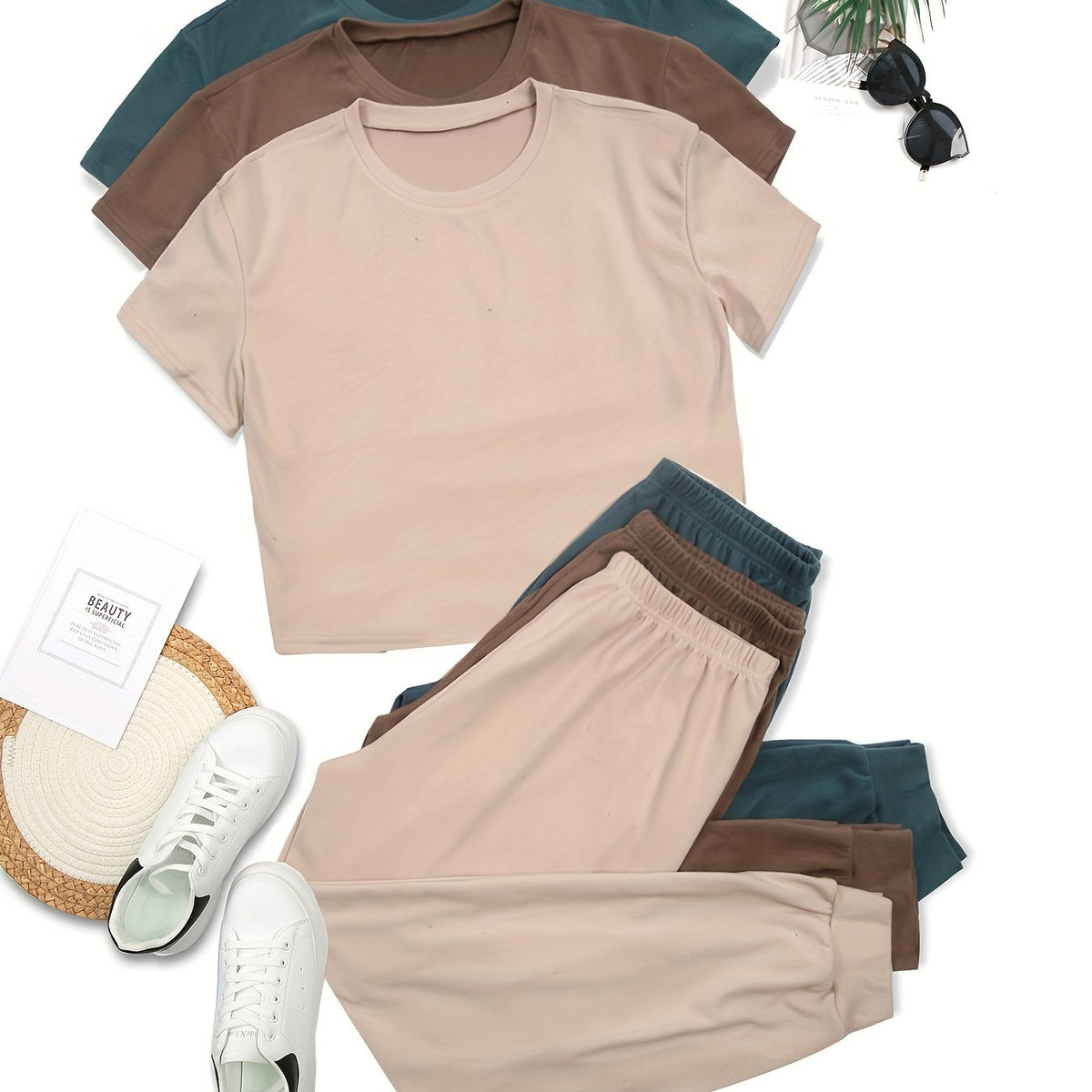 3-Piece Lounge Set Short Sleeve Crew Neck Top & Pants Women's Loungewear