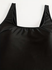  Solid Square Neck One Piece Swimsuit