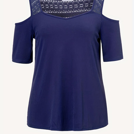  Solid Contrast Lace Panel Cold Shoulder Top