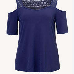  Solid Contrast Lace Panel Cold Shoulder Top