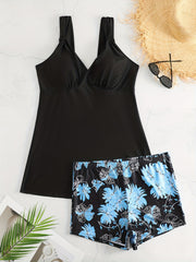  Tankini Set Women's Solid V Neck Top & Tropical Print Shorts Swimsuit