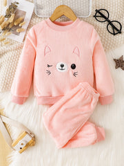 Cartoon Cat Long Sleeve Warm Fleece Pajama Set