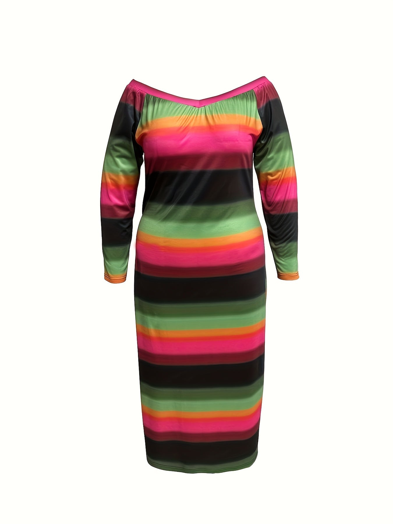 Plus Stripe & Ombre Print Long Sleeve Maxi Dress