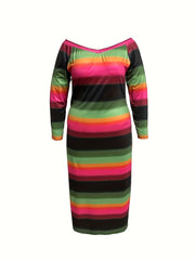 Plus Stripe & Ombre Print Long Sleeve Maxi Dress