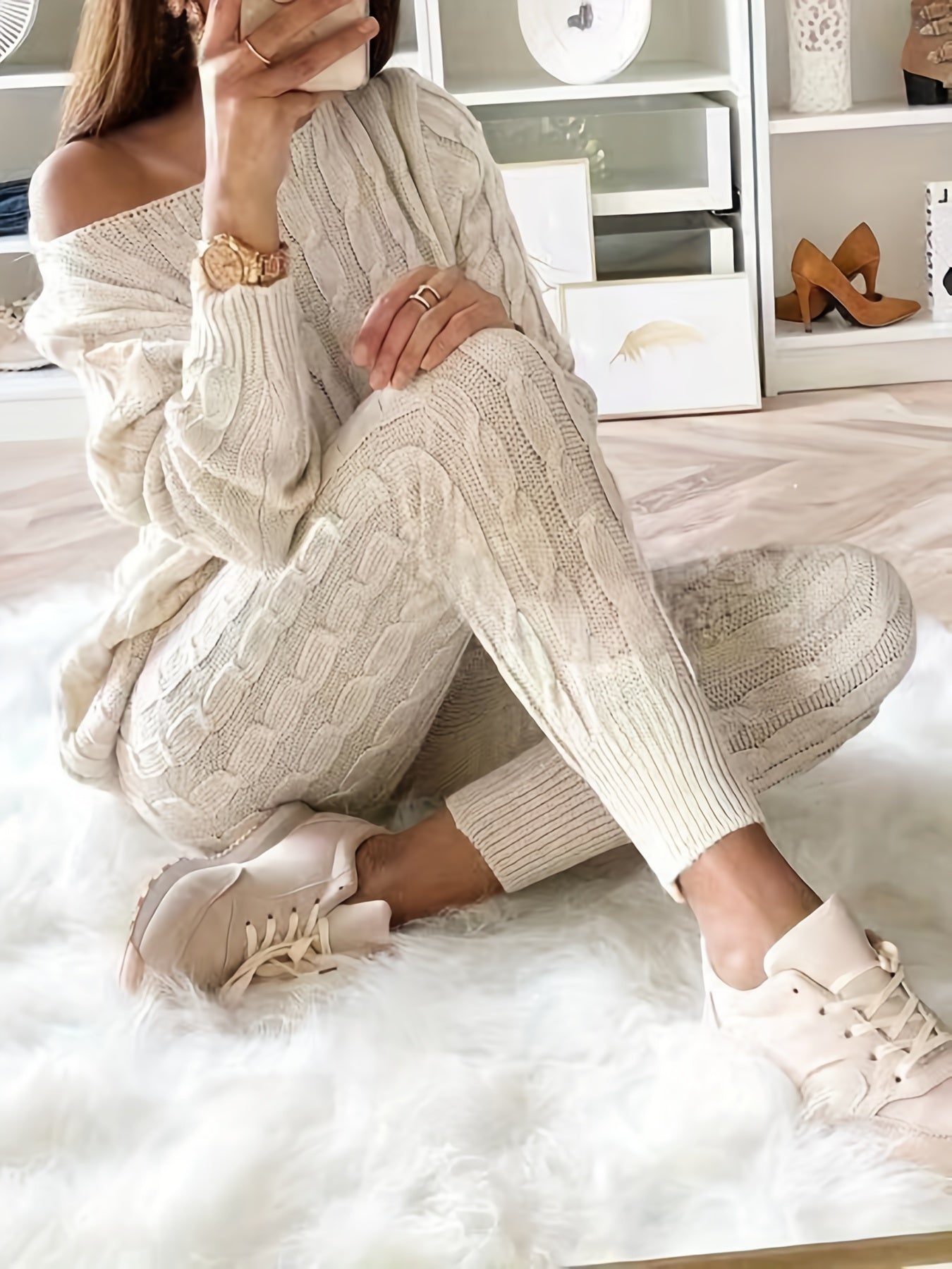 Solid Knitted Two piece Set Long Sleeve Sweater & Pants