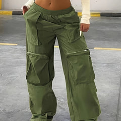  Solid High Rise Wide Leg Cargo Pants with Pockets