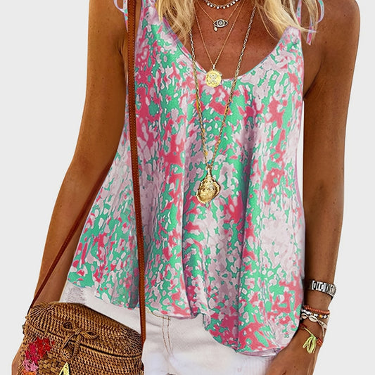 Floral Print V Neck Cami Top Lace Up Sleeveless