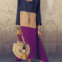  Colorblock Round Neck Long Sleeve Maxi Dress