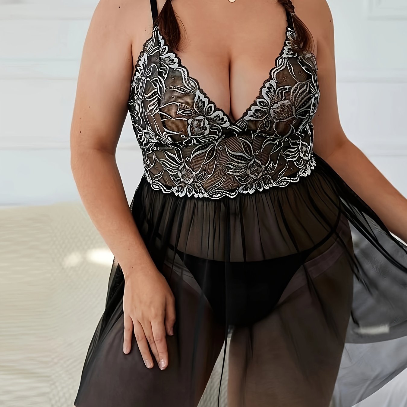  Sexy Lace V Neck Mesh Slip Dress With Thong