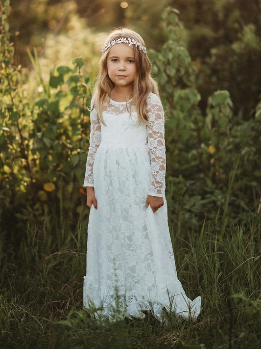 Kid Girls Long Sleeve Lace Belt Dress For 2-14 Years