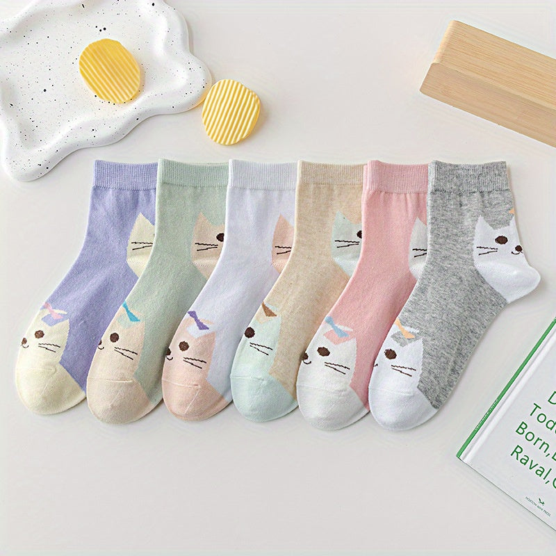 6 Cat Print Socks for Women Comfy Mid Tube Stockings