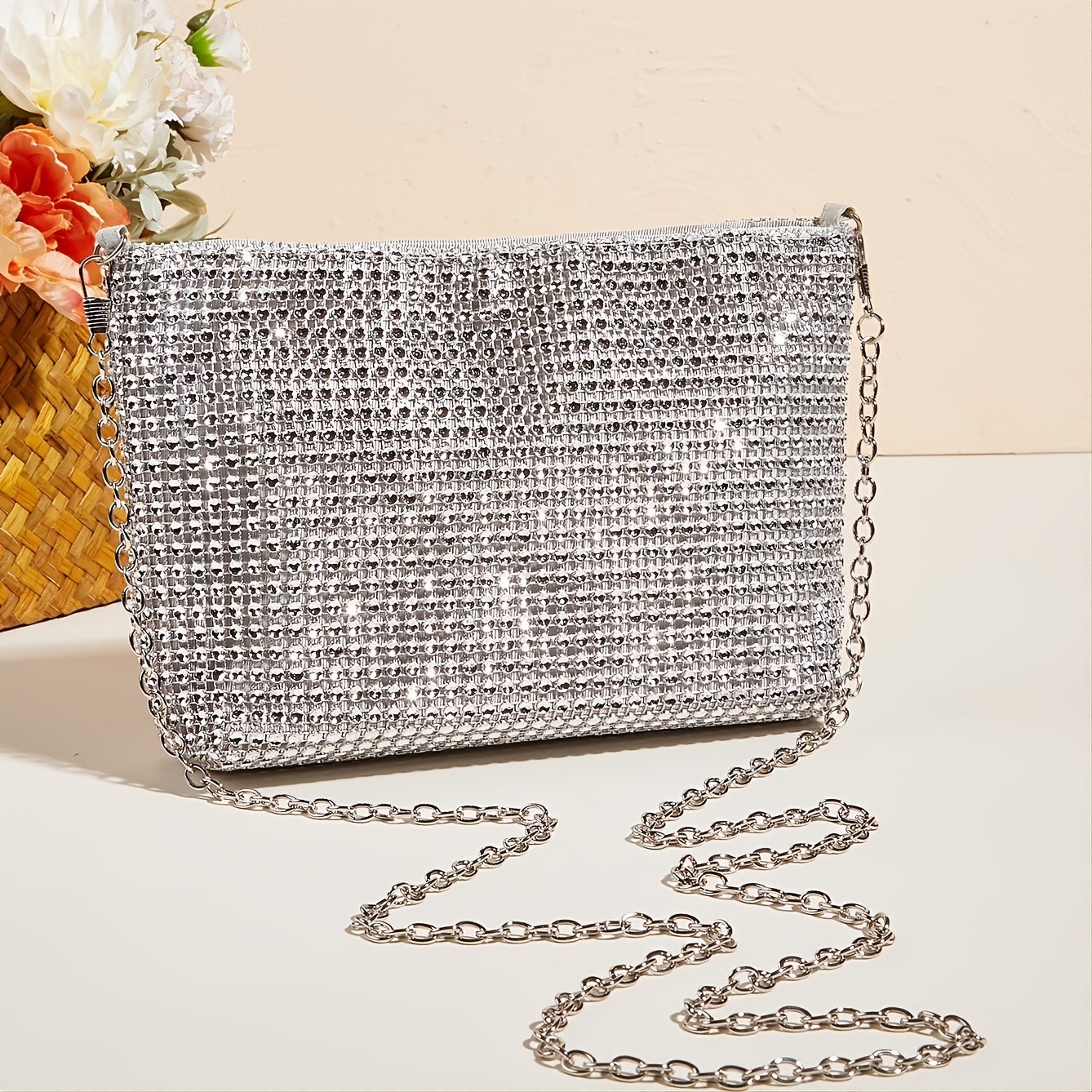 Glitter Evening Bag Women's Glamorous Clutch Bag With Chain Stylish Purse