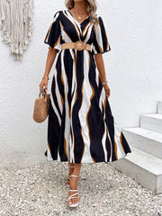 Wavy Stripe Print Dress V Neck Half Sleeve High Waist Dress